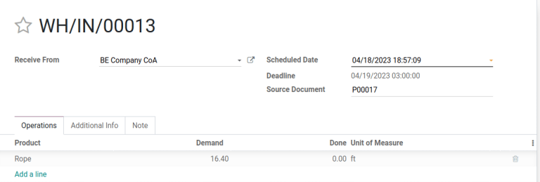 La cantidad de cuerda se convierte de cm a ft durante la recepción del almacén.
