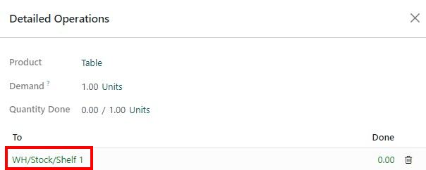 Seleccione la ubicación de almacenamiento para los productos que recibe en la  ventana emergente de Operaciones detalladas. 