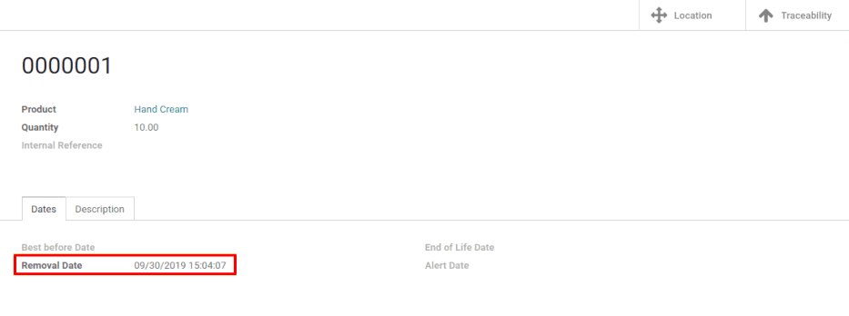 Vista de la fecha de remoción para 0000001.
