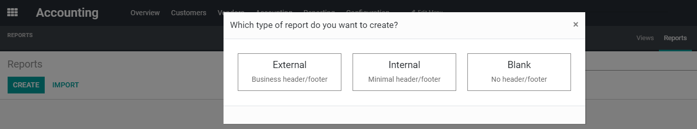 Vista de lo tipos de nuevos reportes en Studio de Odoo 