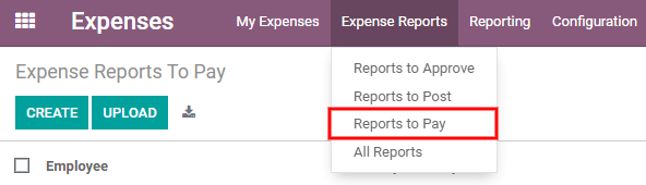 Vea los reportes por pagar haciendo clic en reportes de gastos y luego en reportes por pagar. 