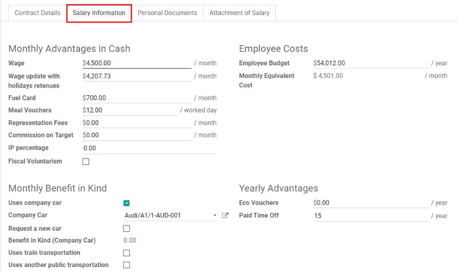 Pestañas opcionales para un nuevo contrato.