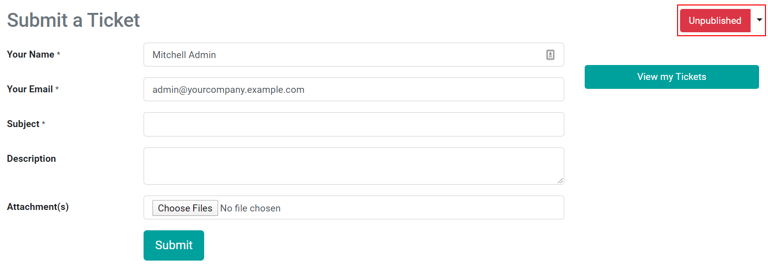 Vista del formulario de sitio web para enviar un ticket a la aplicación de Servicio de asistencia de Odoo