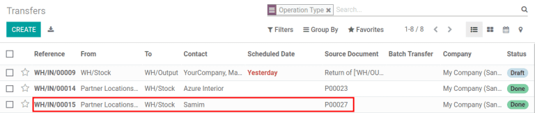 Página de traslados en la aplicación Inventario. Selección del traslado deseado para ver el  registro.