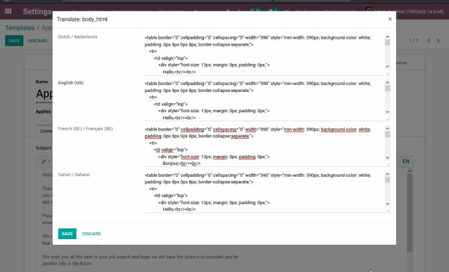 Traducción del cuerpo de la plantilla de aplicación en los distintos idiomas instalados.