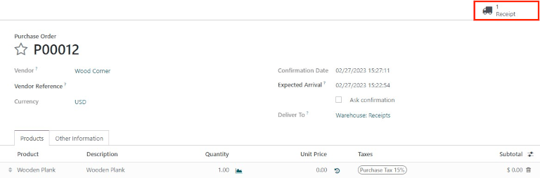 Después de confirmar una orden de compra, aparecerá un botón de recepción. 