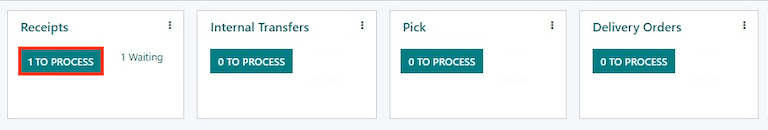 Una recepción lista para procesarse en el tablero general de Inventario en vista kanban