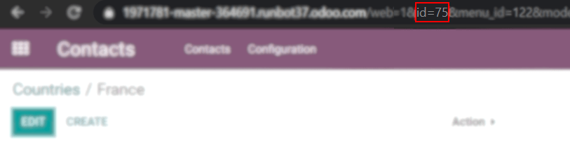 Vista de una URL resaltando dónde se puede encontrar el ID de un país para Studio de Odoo