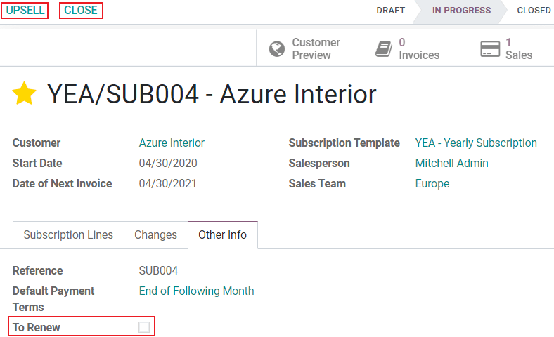 Use el botón inteligente de "Suscripciones" en Ventas de Odoo. 