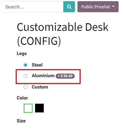 valor del precio adicional en el frontend del Comercio electrónico