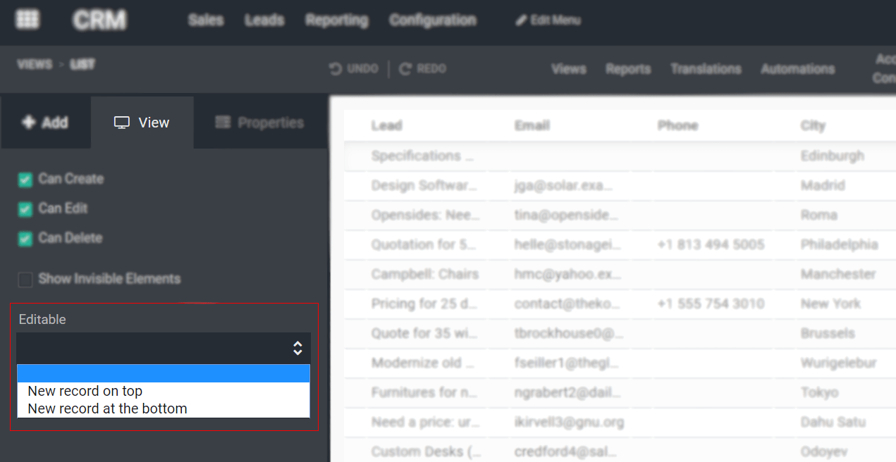 Vista de las opciones resaltando las opciones editables de una página de lead en Studio de Odoo